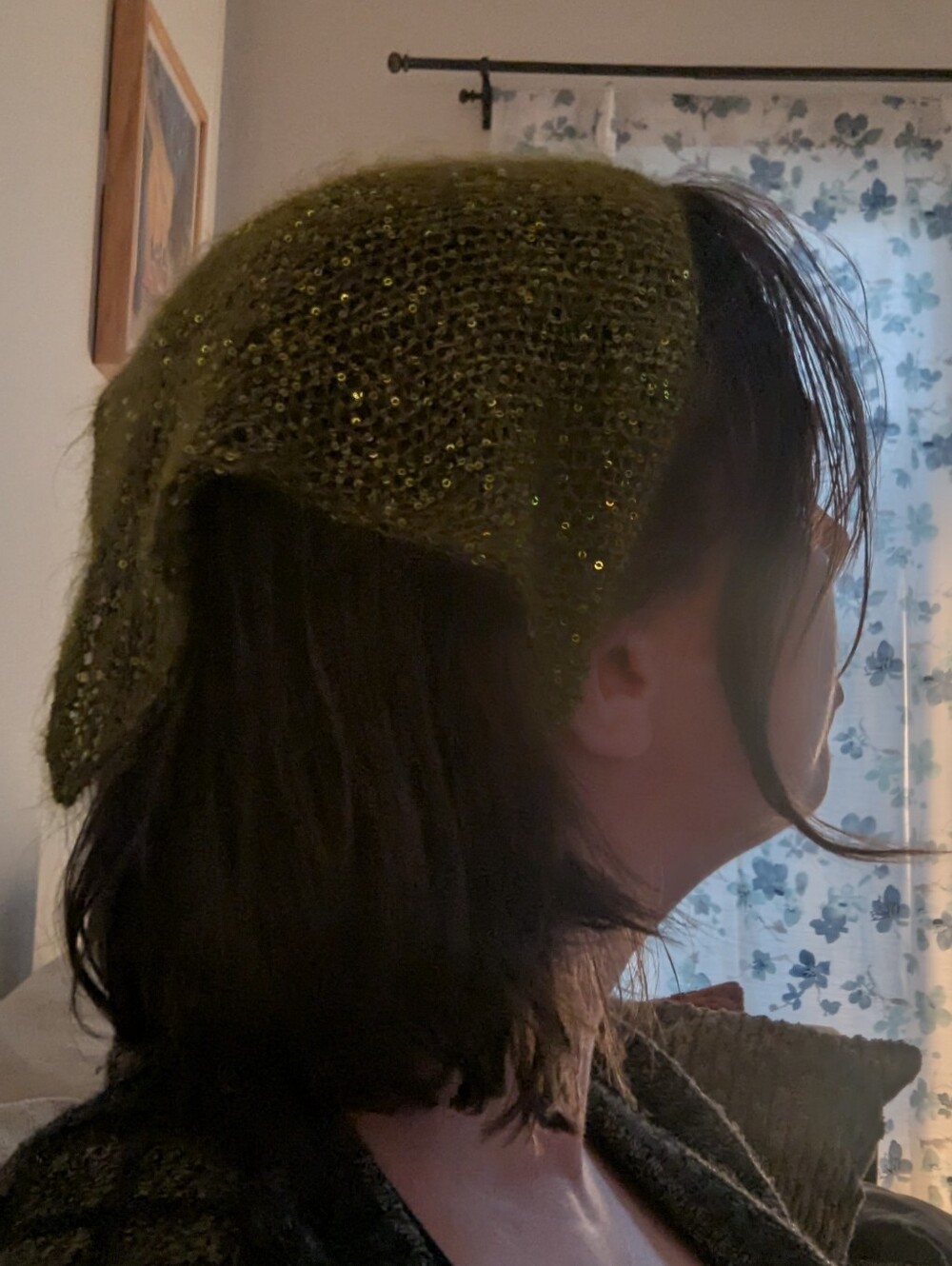 Handknit Sparkly Green Bandana/kerchief